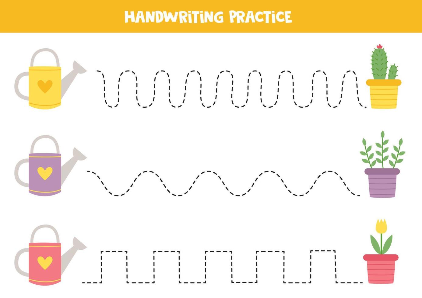 Tracing lines for kids. Colorful watering cans and flower pots. Writing