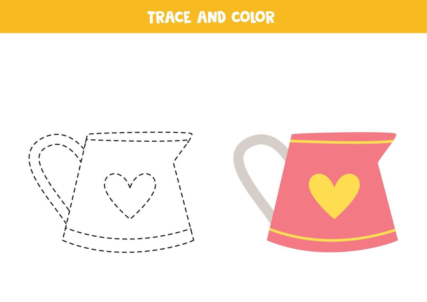 Trace and color cartoon watering can. Worksheet for children. vector