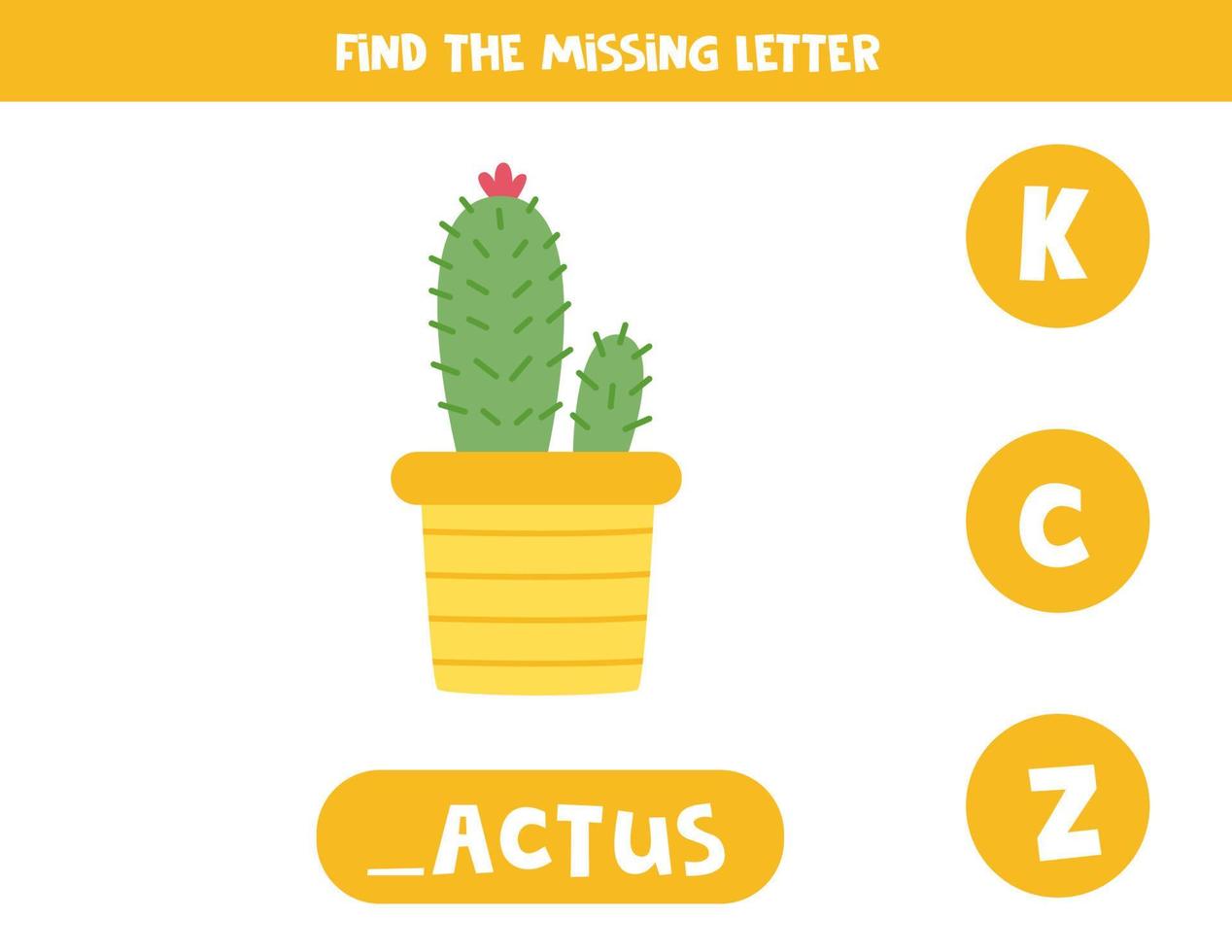 Find missing letter with cartoon cactus. Spelling worksheet. vector