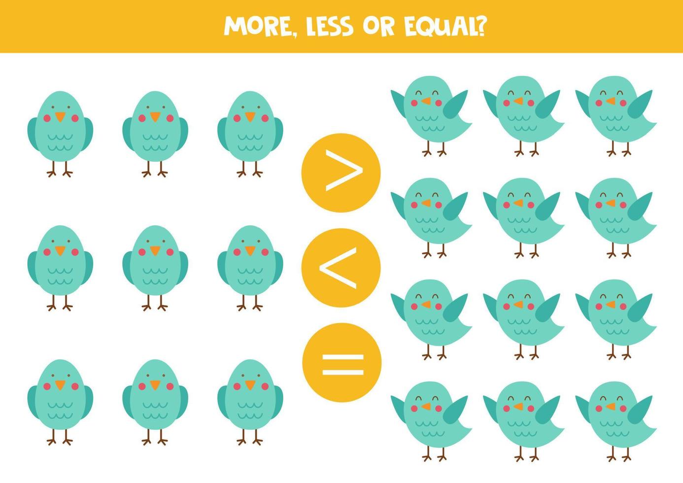 More, less, equal with cute blue birds. vector