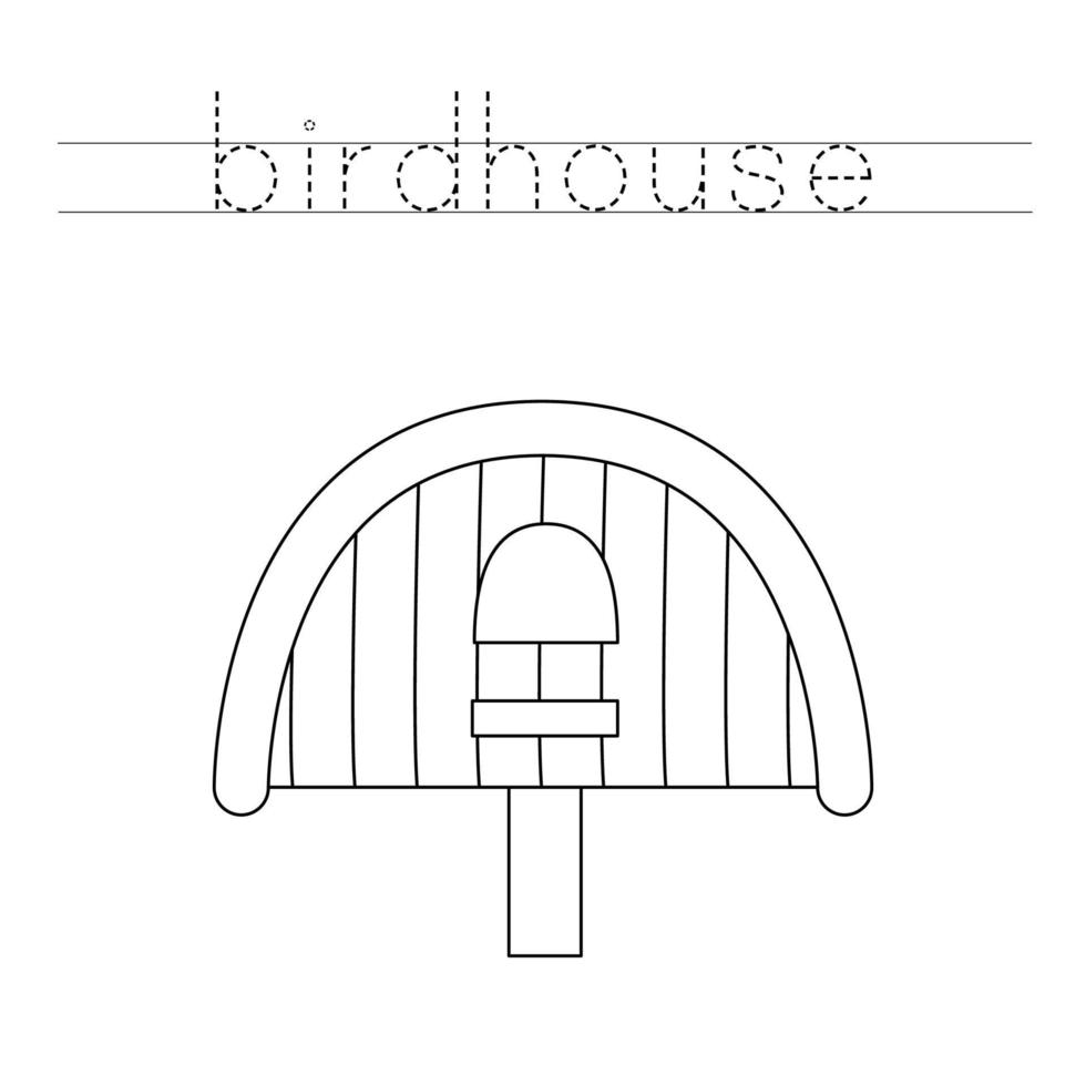 Trace the letters and color birdhouse. Handwriting practice for kids. vector