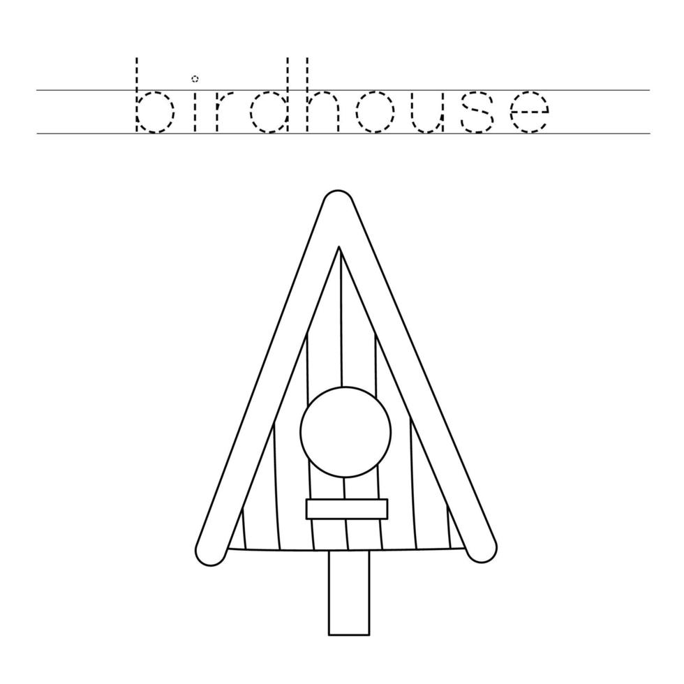 Trace the letters and color birdhouse. Handwriting practice for kids. vector