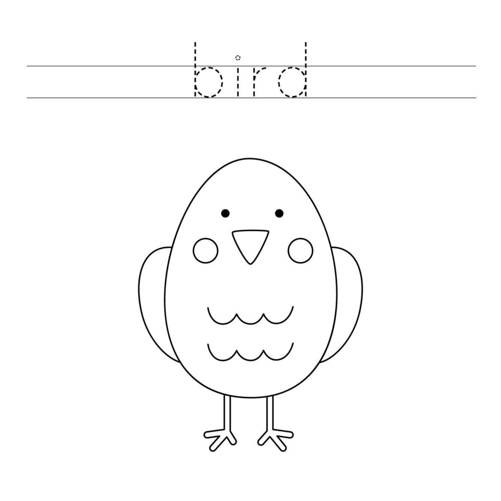 Trace the letters and color cute bird. Handwriting practice for kids. vector