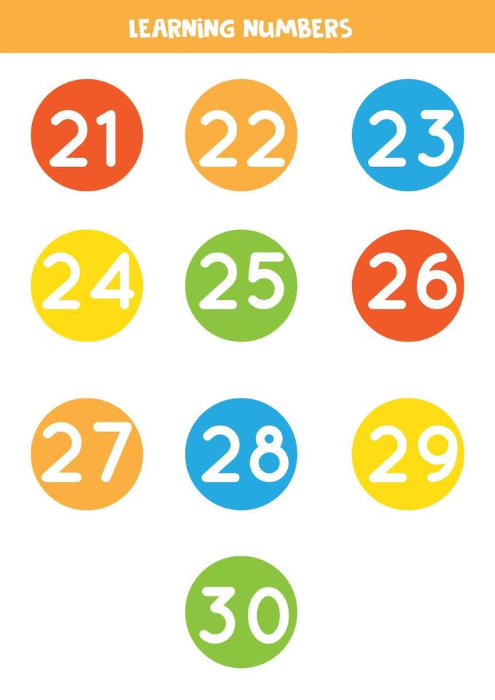 Learning numbers cards from 21 to 30. Colorful flashcards. vector