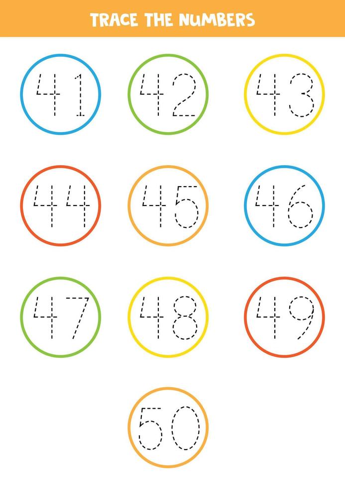 Tracing numbers from 41 to 50. Writing practice. vector
