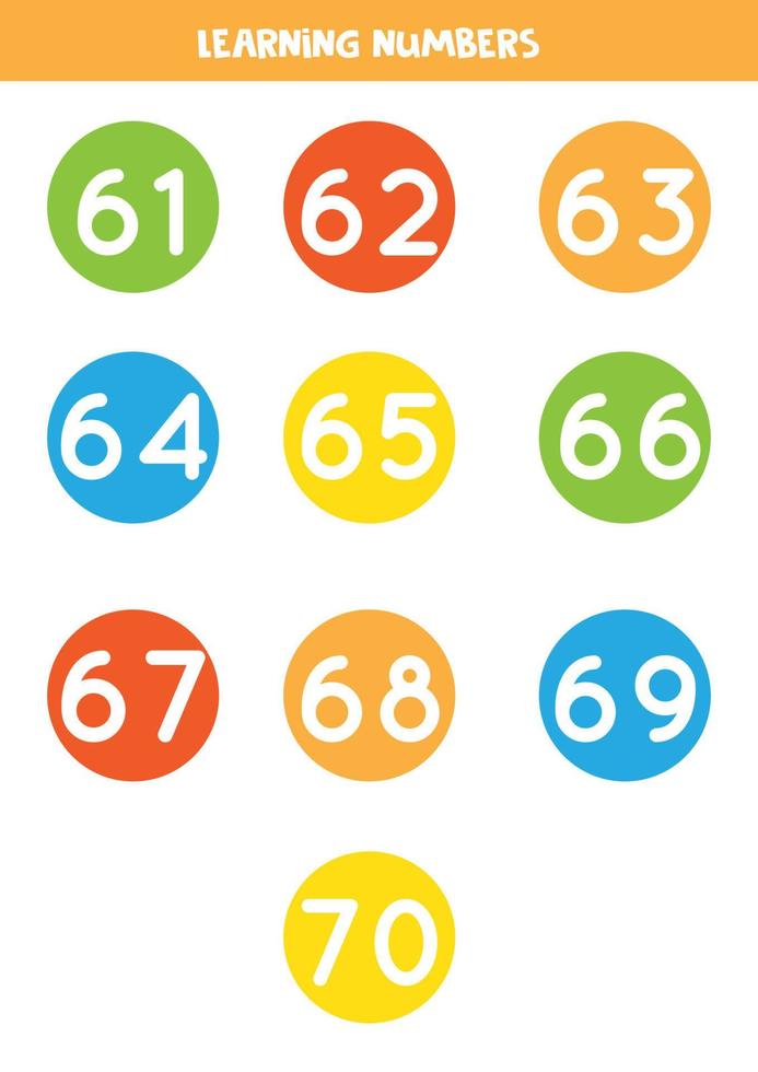 Learning numbers cards from 61 to 70. Colorful flashcards. vector