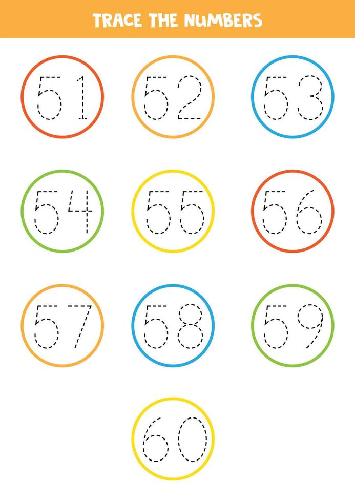 Tracing numbers from 51 to 60. Writing practice. vector