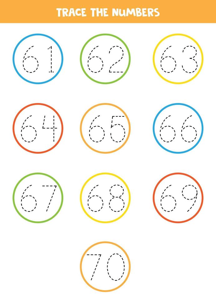 Tracing numbers from 61 to 70. Writing practice. vector