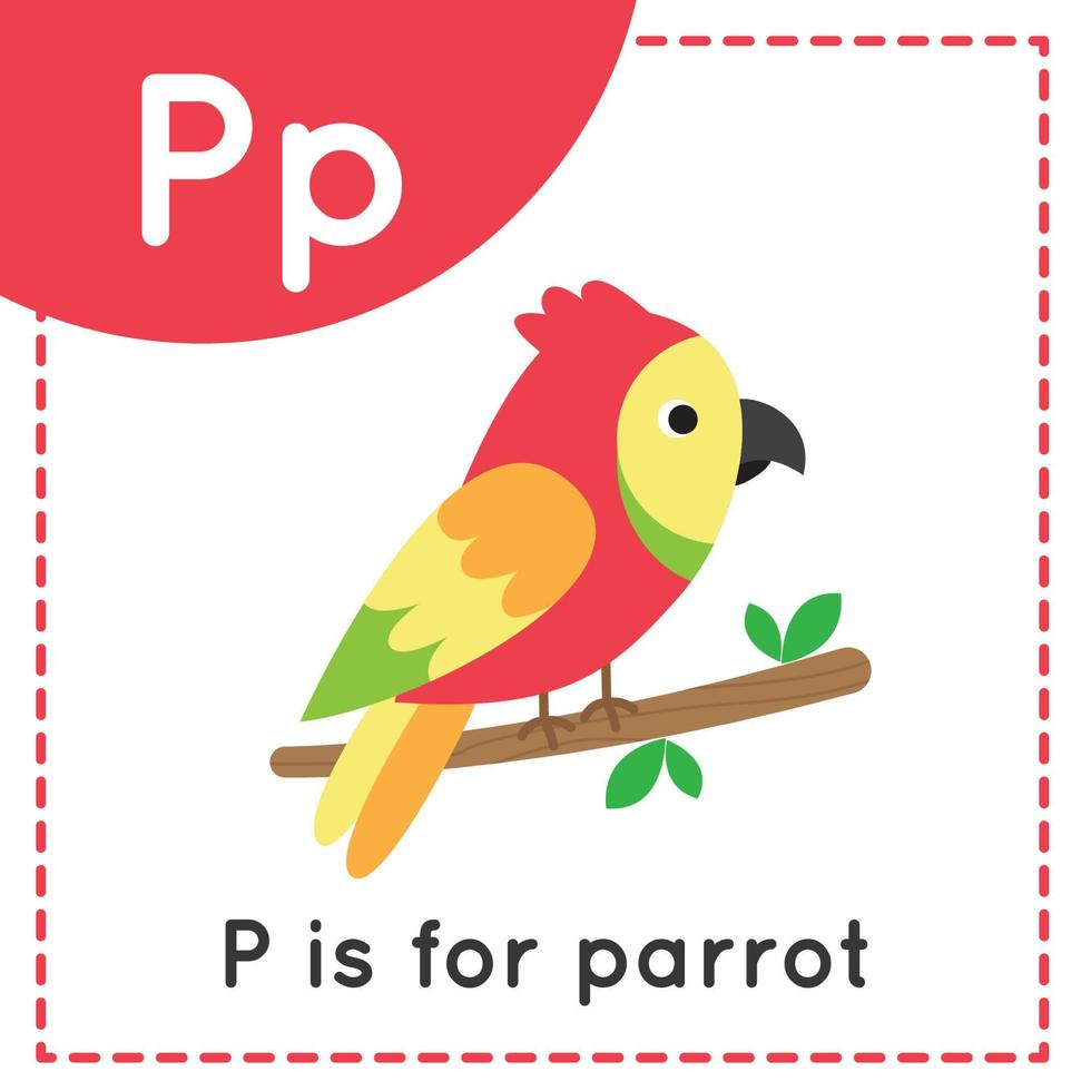 Learning English alphabet for kids. Letter P. Cute cartoon parrot