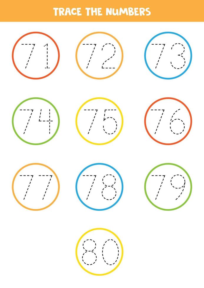 Tracing numbers from 71 to 80. Writing practice. vector