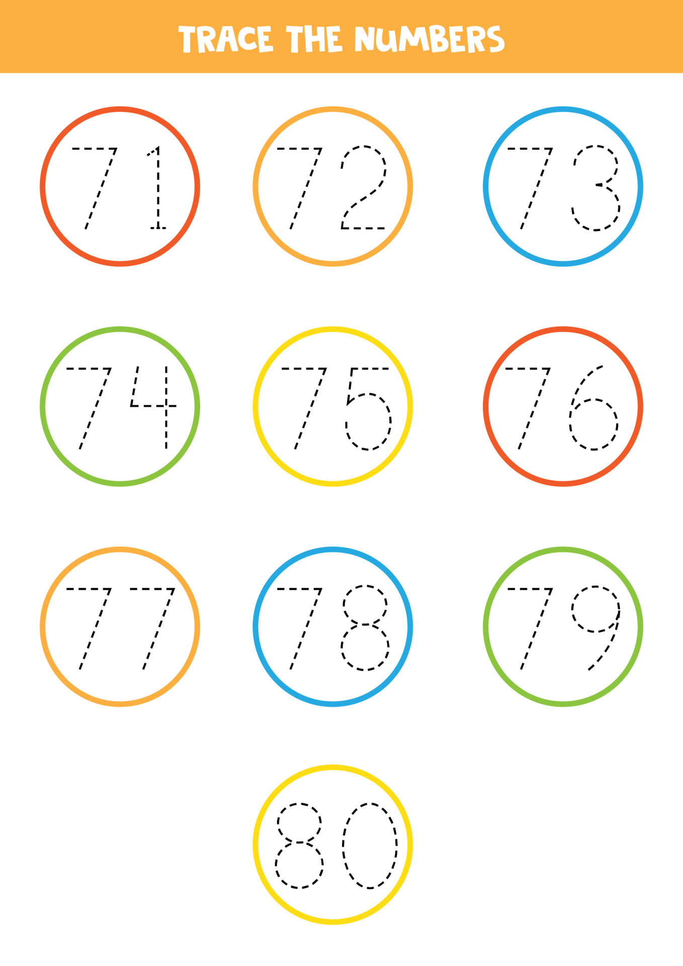 Tracing numbers from 71 to 80. Writing practice. 6794217 Vector Art at