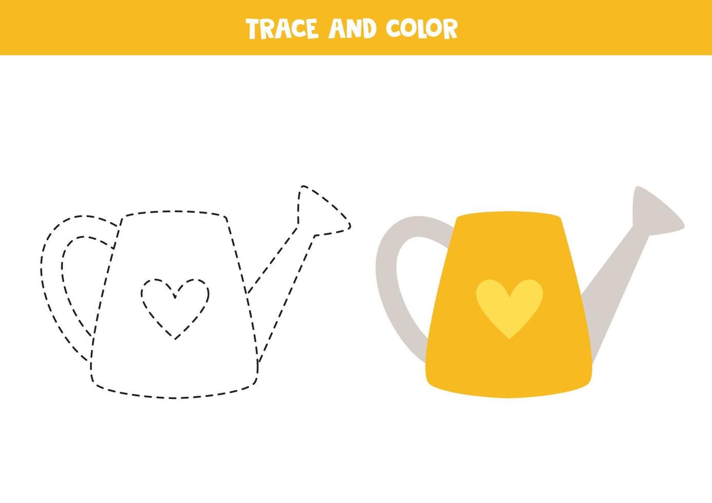 Trace and color cartoon watering can. Worksheet for children. vector