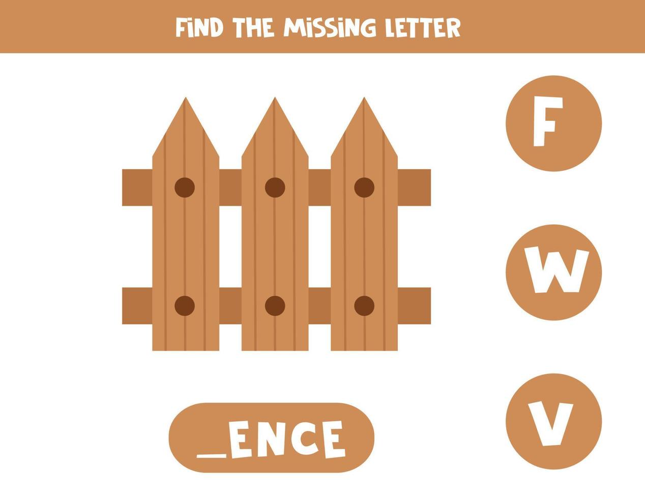 Find missing letter with cartoon fence. Spelling worksheet. vector