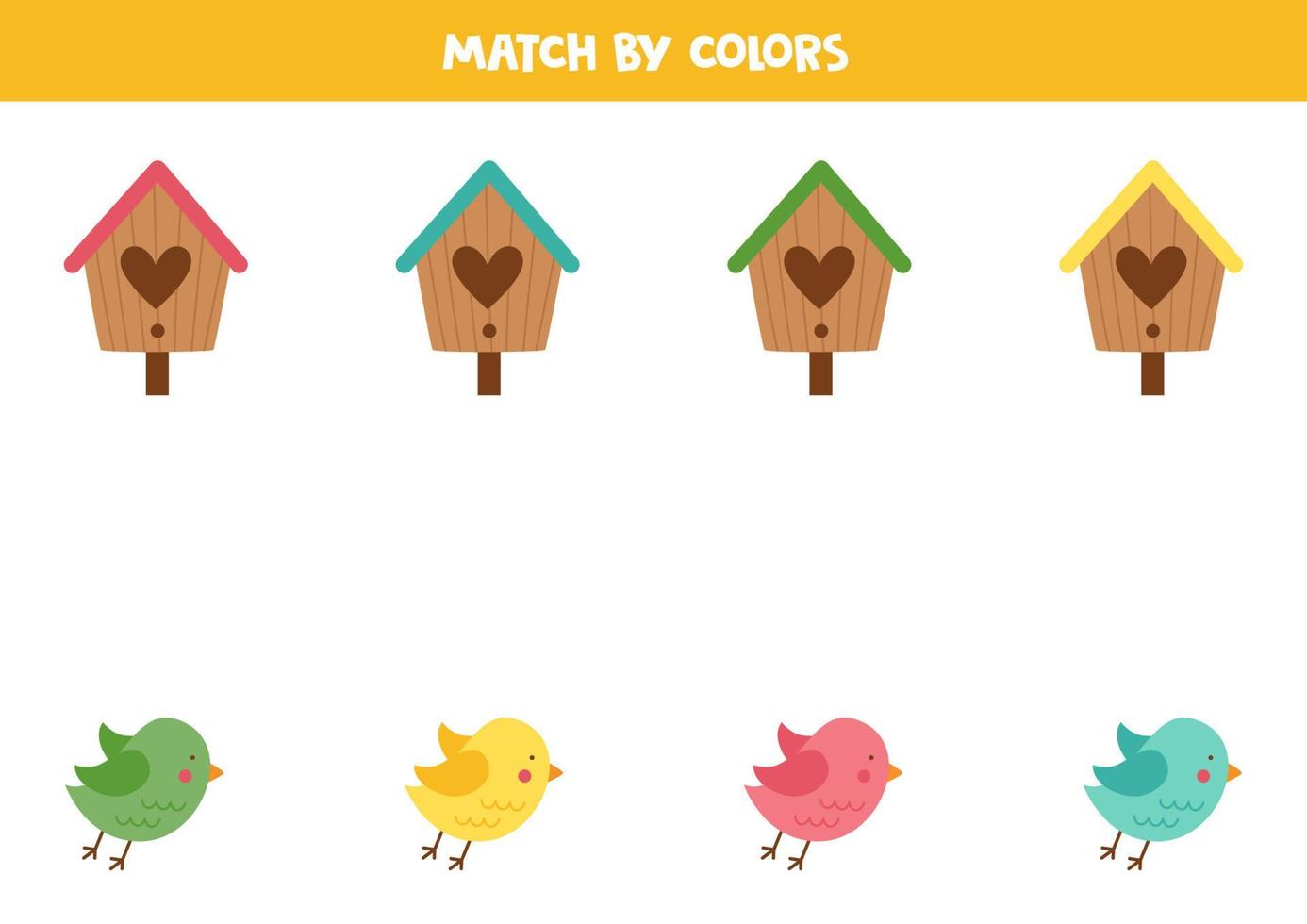 Color matching game for preschool kids. Match birds and birdhouses by colors. vector