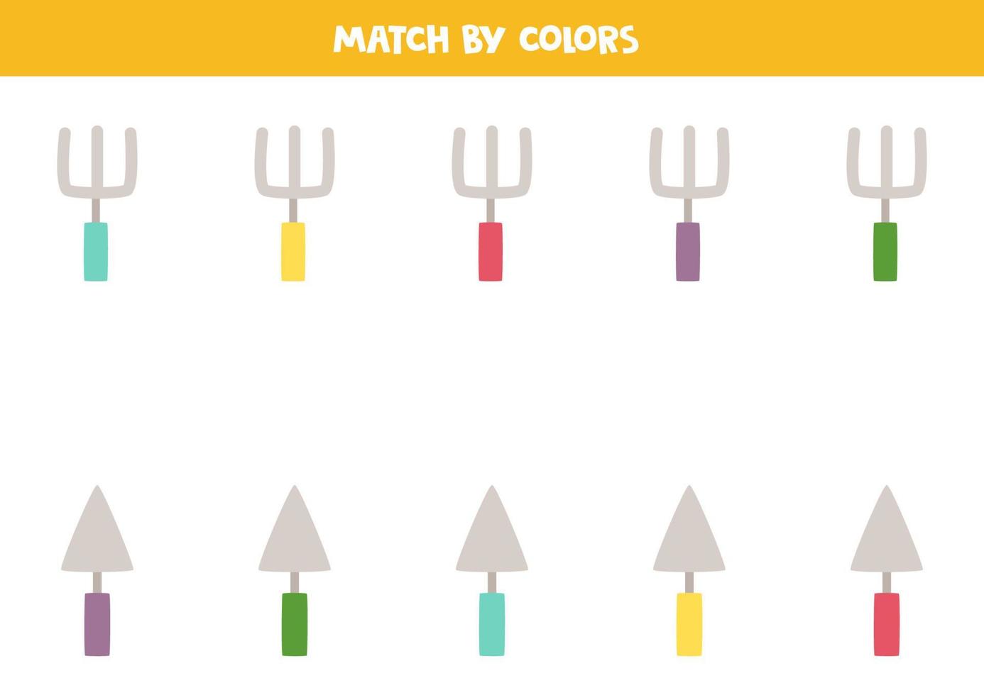 Color matching game for preschool kids. Match gardening tools by colors. vector