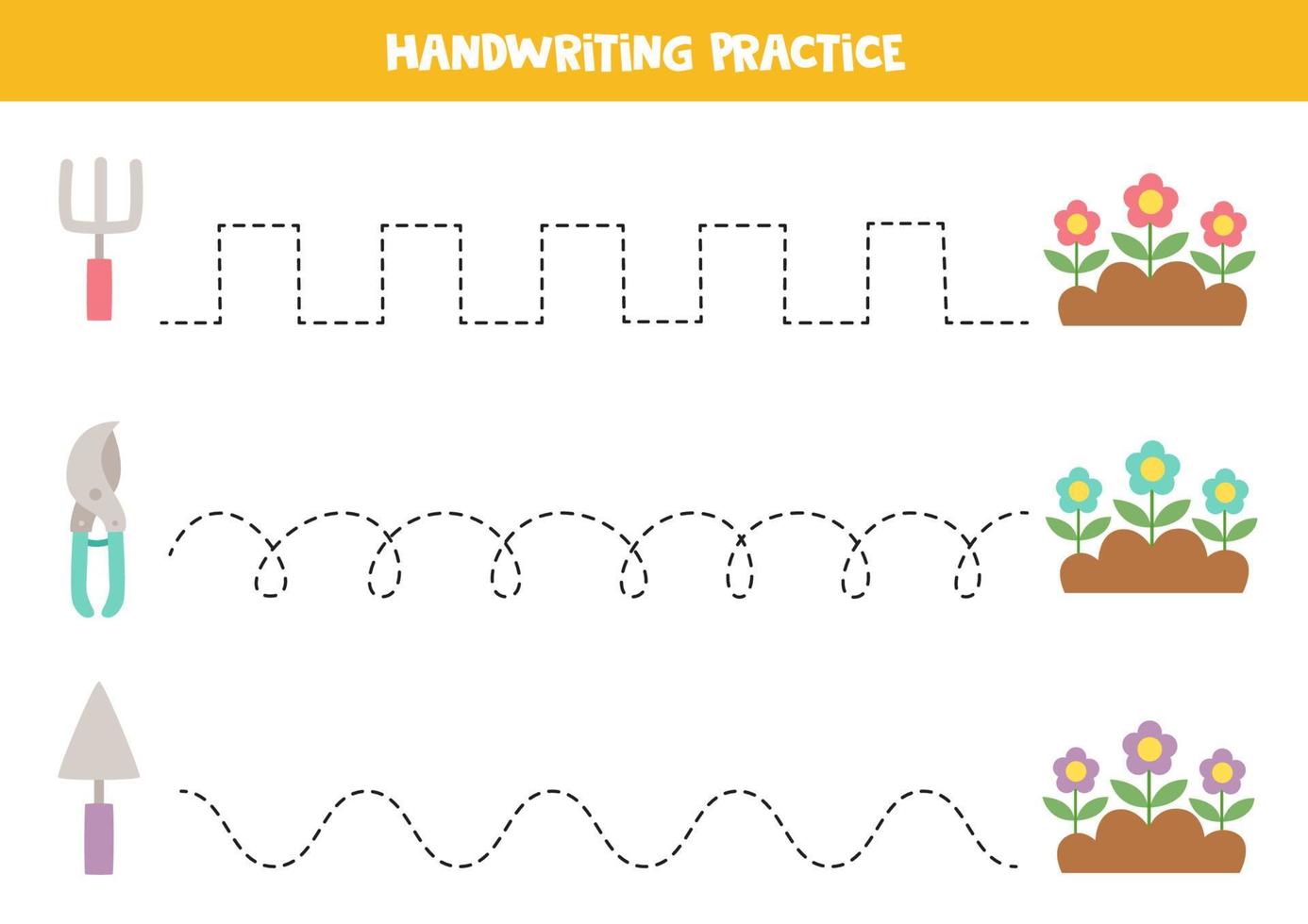 Tracing lines for kids. Cartoon gardening tools. Writing practice. vector