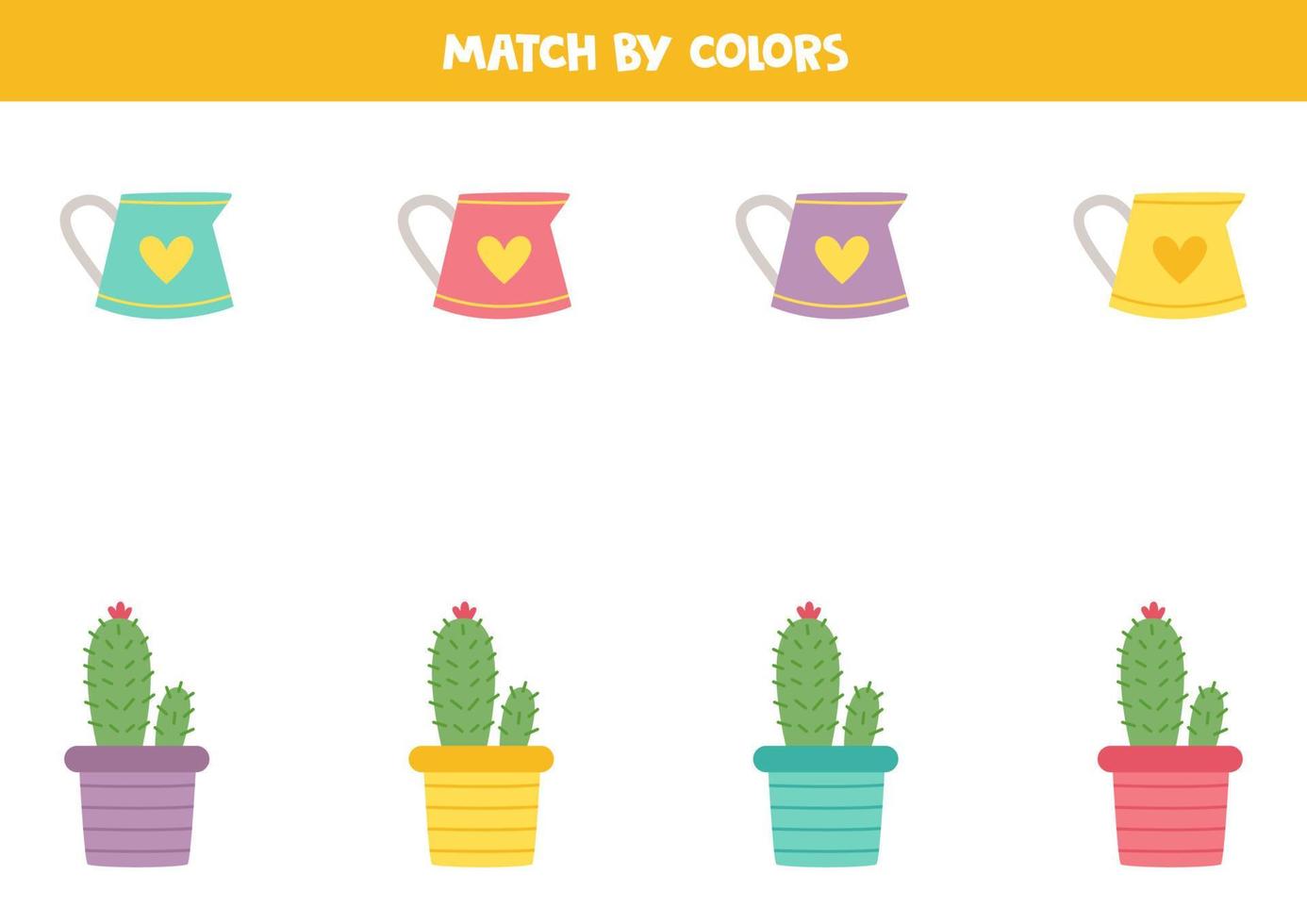 Color matching game for preschool kids. Match watering cans and cacti by colors. vector