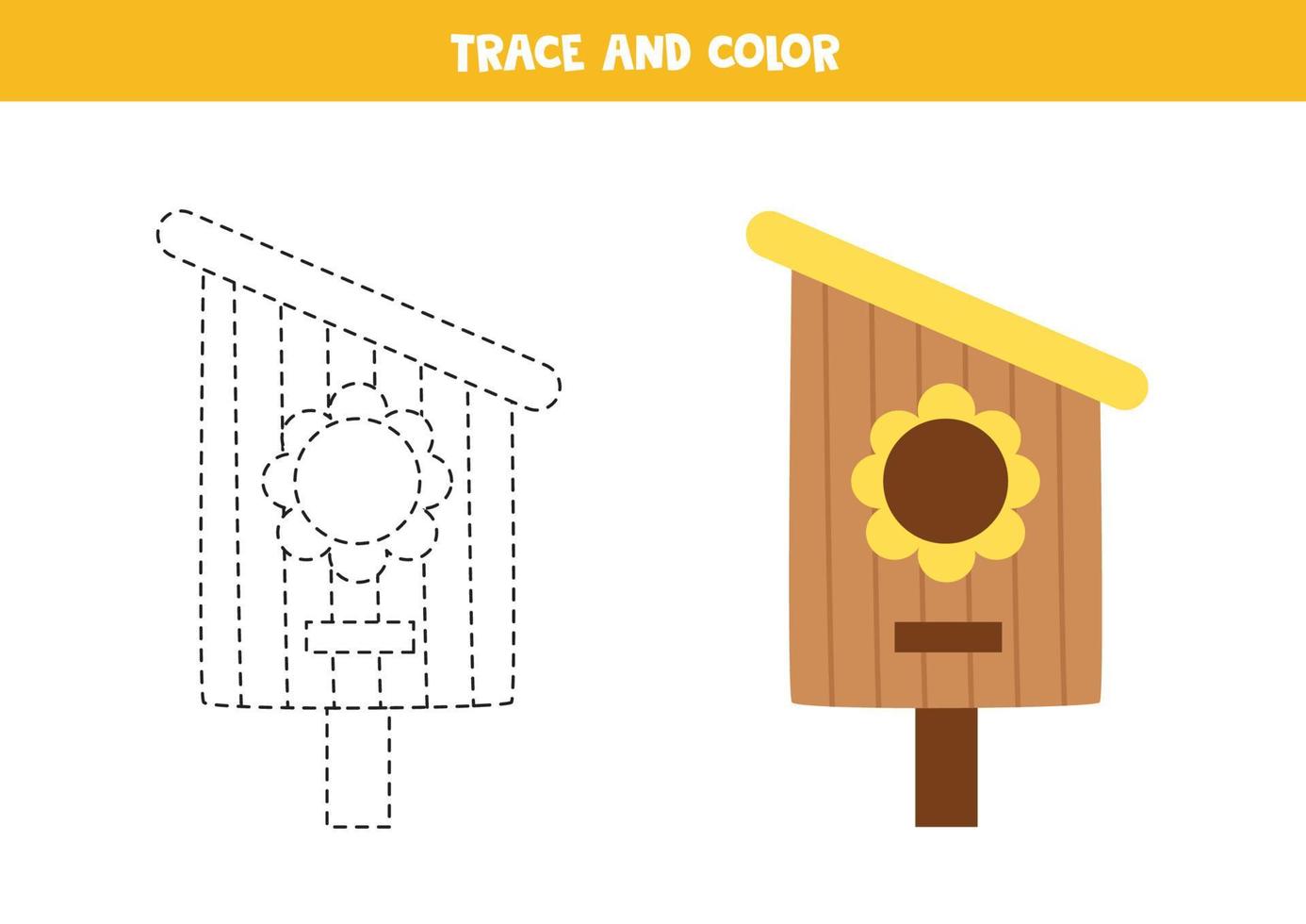 Trace and color cartoon birdhouse. Worksheet for children. vector