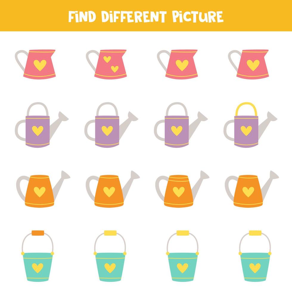 Find different picture of watering pot in each row. Logical game for girls. vector