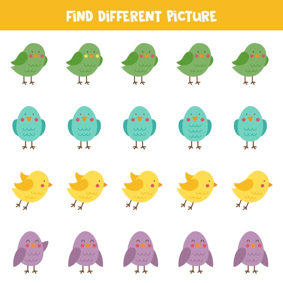 Find different picture of cute bird in each row. Logical game for girls. vector