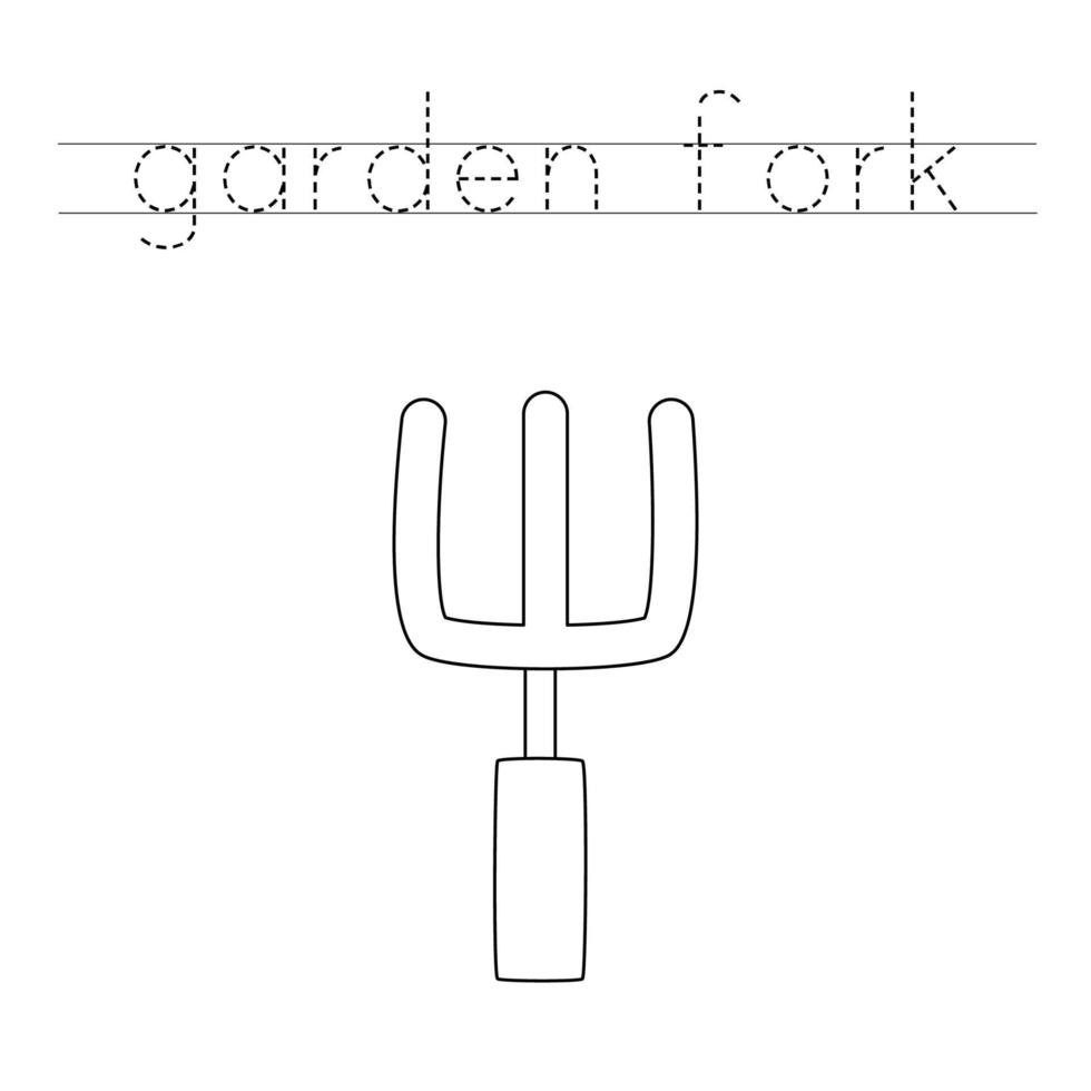 Trace the letters and color garden fork. Handwriting practice for kids