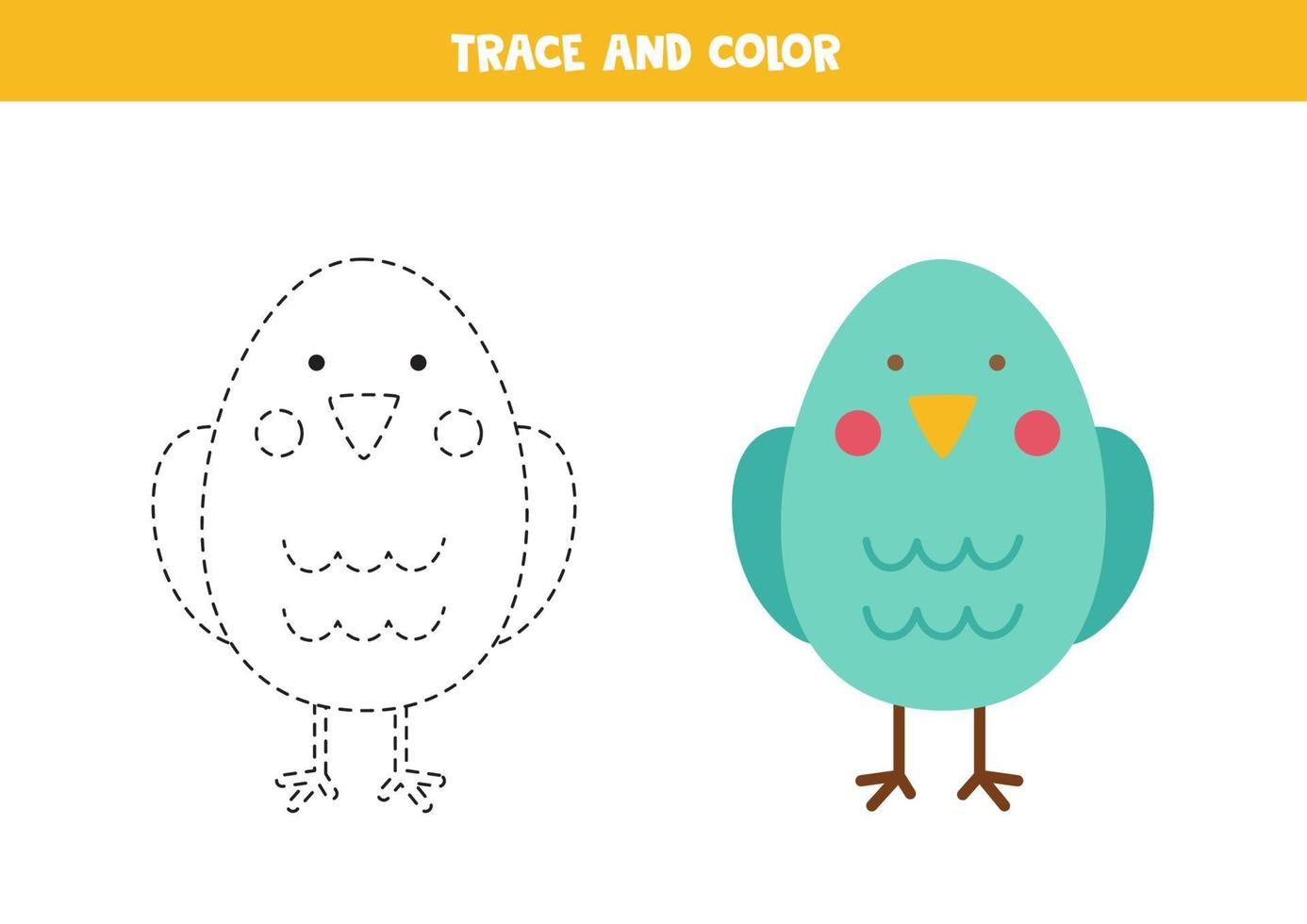 Trace and color cute cartoon bird. Worksheet for children. vector