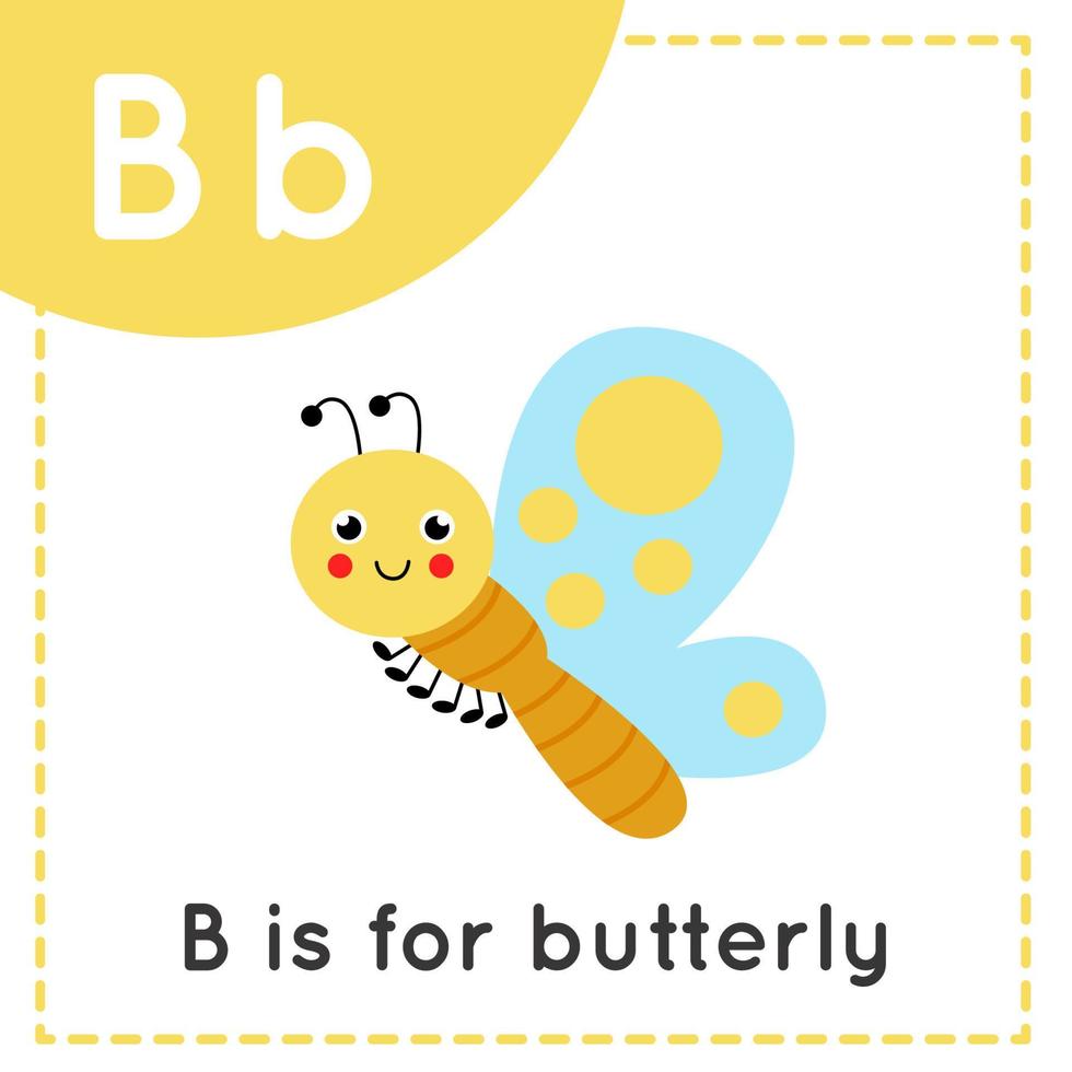 aprender el alfabeto inglés para niños. letra b. linda mariposa de dibujos animados. vector