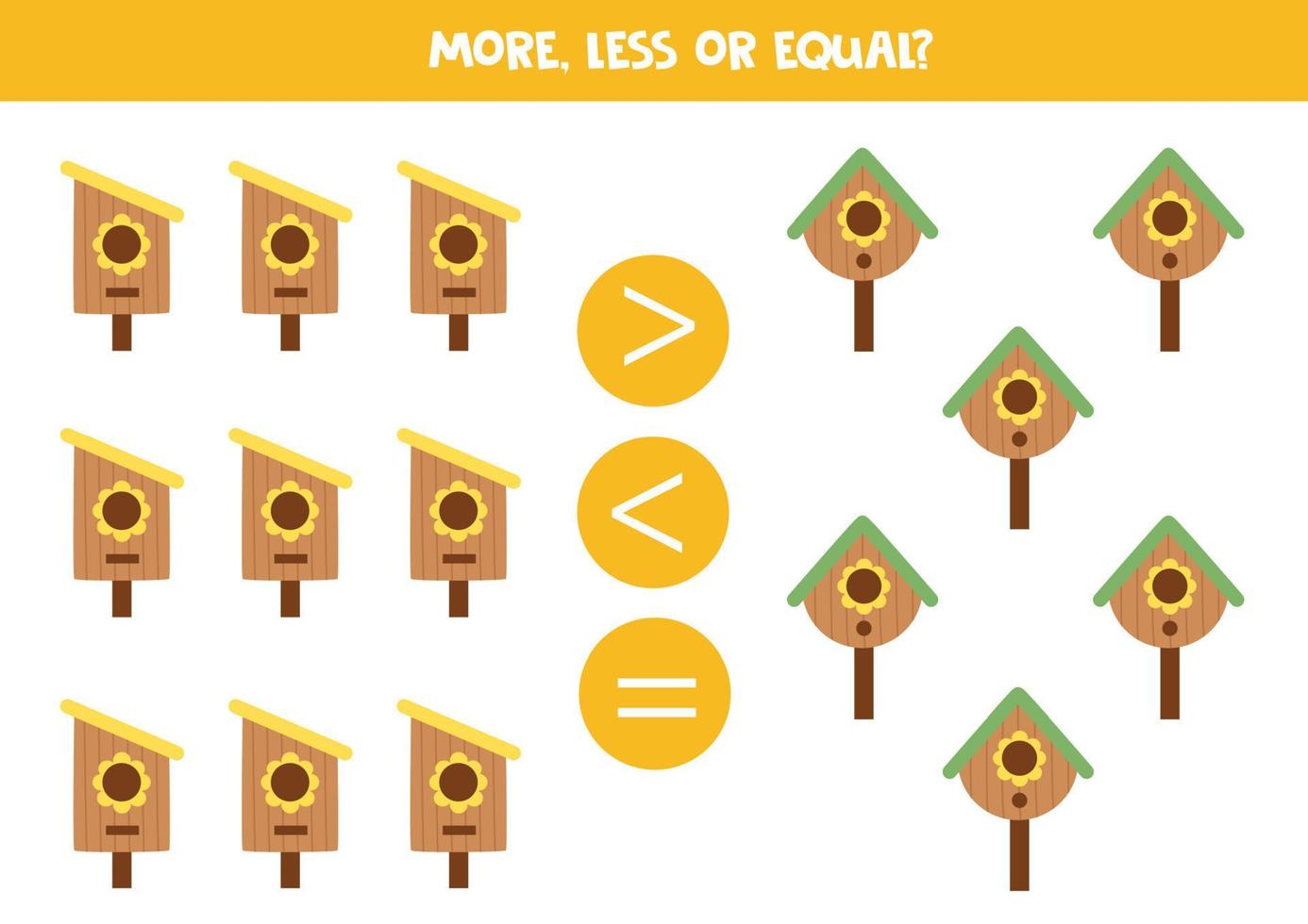 More, less, equal with cartoon colorful birdhouses. vector