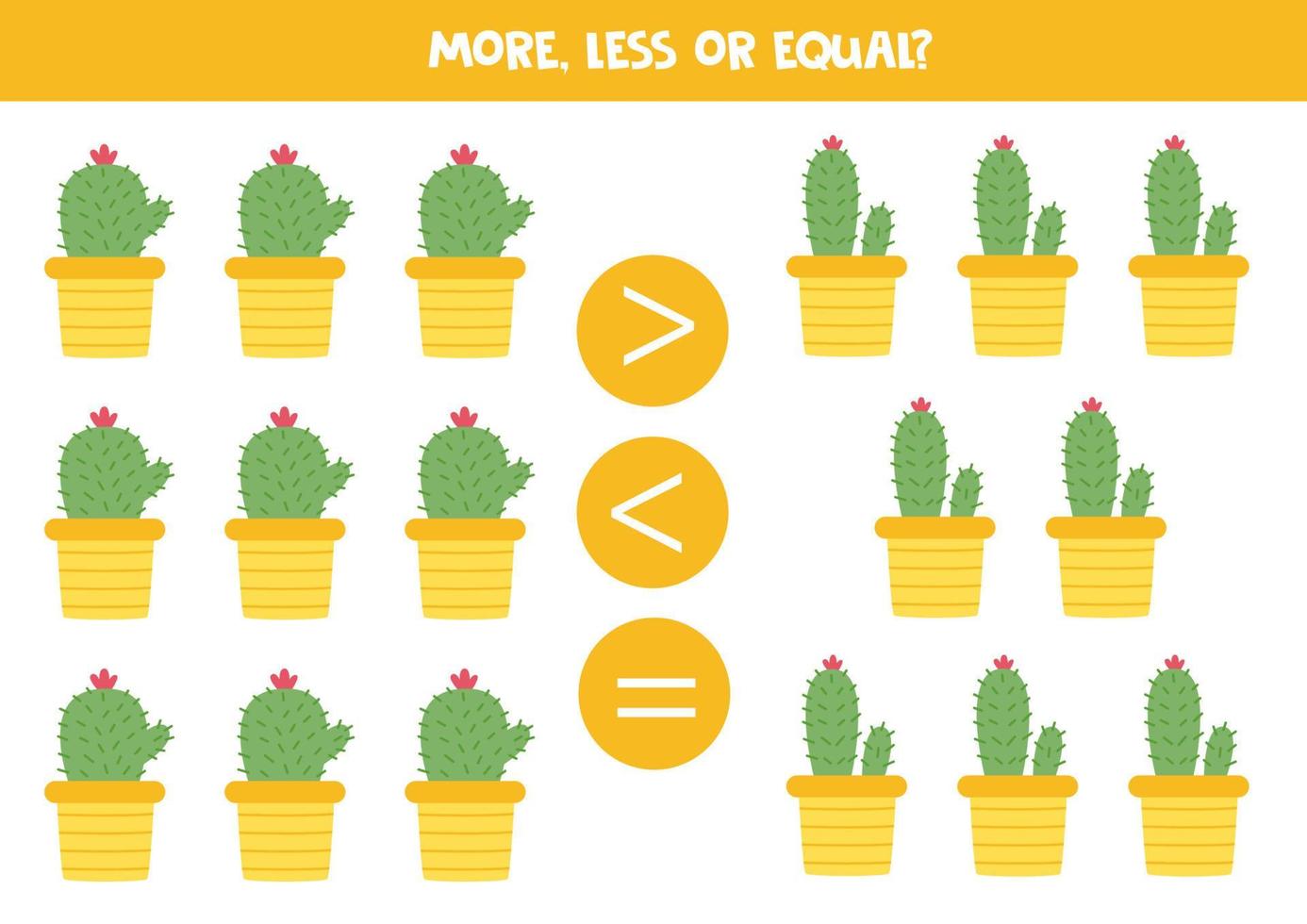 More, less, equal with cute cacti in pots. vector