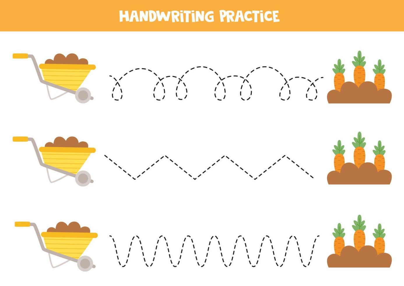 trazando líneas para niños. carretilla y cama de zanahoria. Practica de la escritura. vector