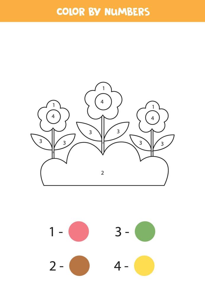 Color cute flowers by numbers. Worksheet for kids. vector