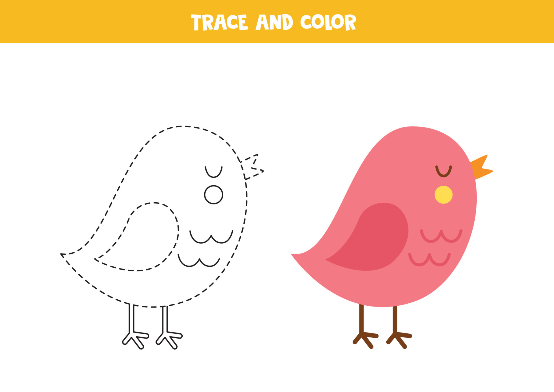 Trace and color cute cartoon bird. Worksheet for children. 6794817