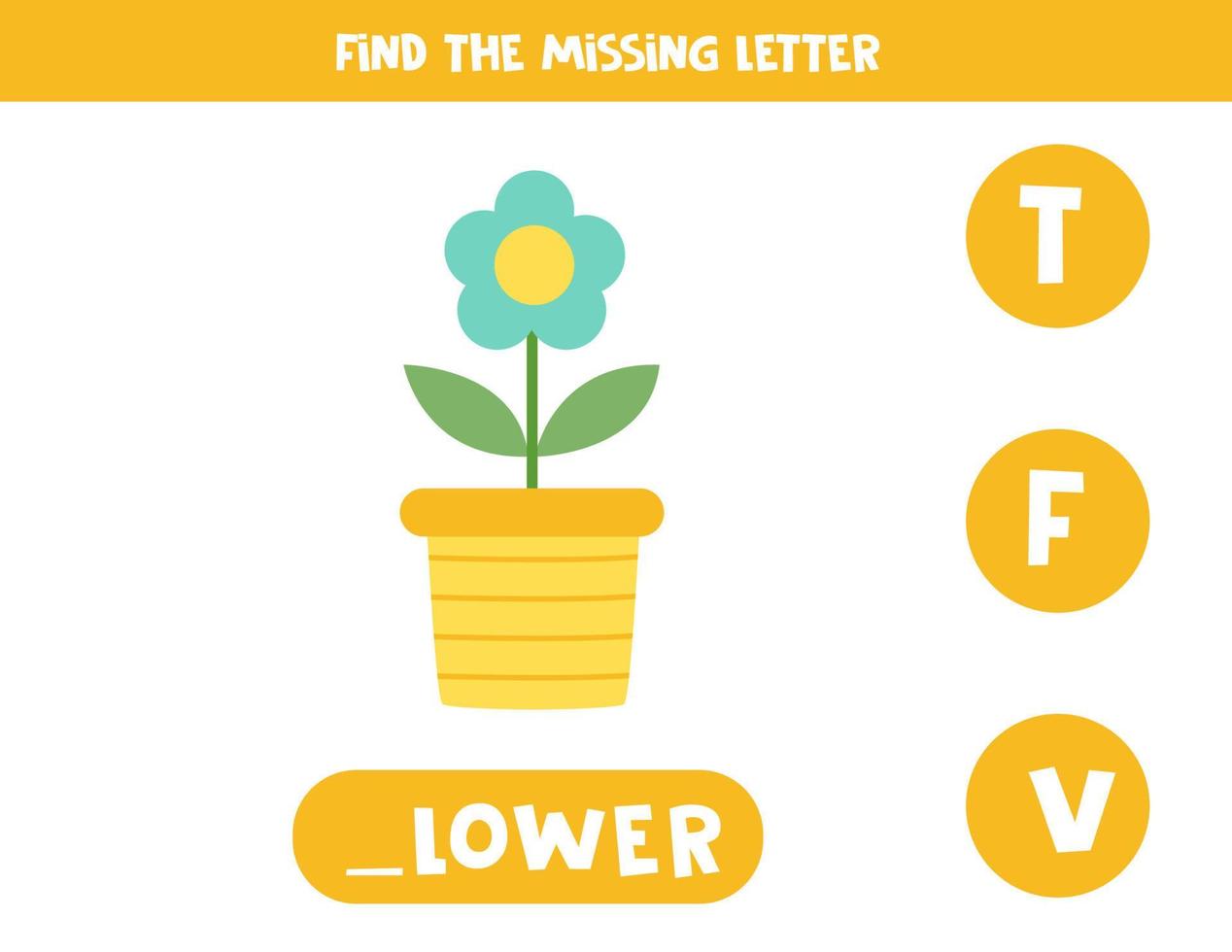 Find missing letter with cartoon flower pot. Spelling worksheet. vector