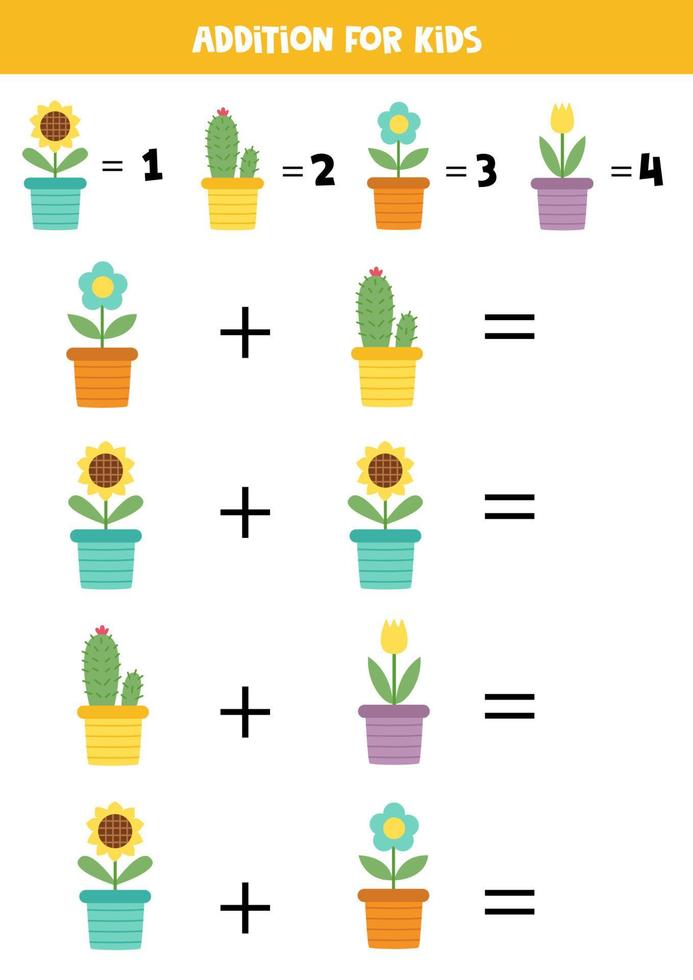 Addition for kids with different colorful flowerpots. vector