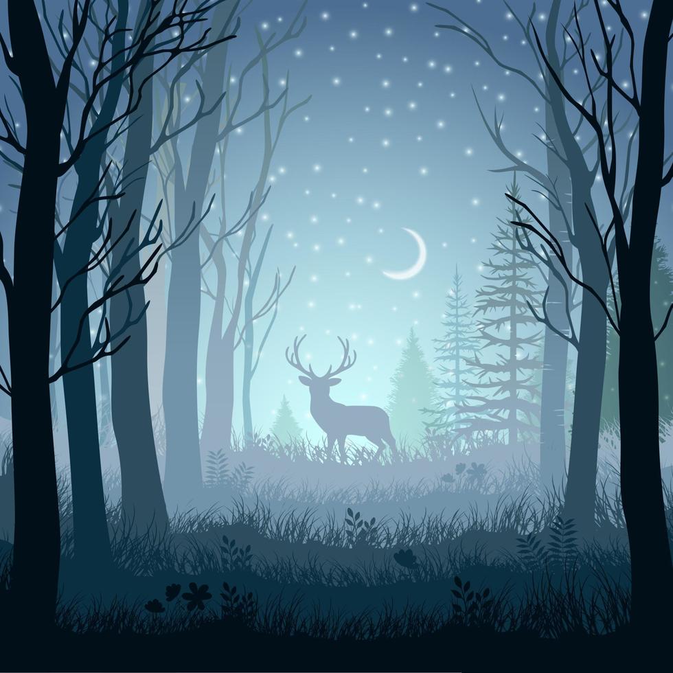 Winter landscape with deer in the forest at night background.Vector illustration vector