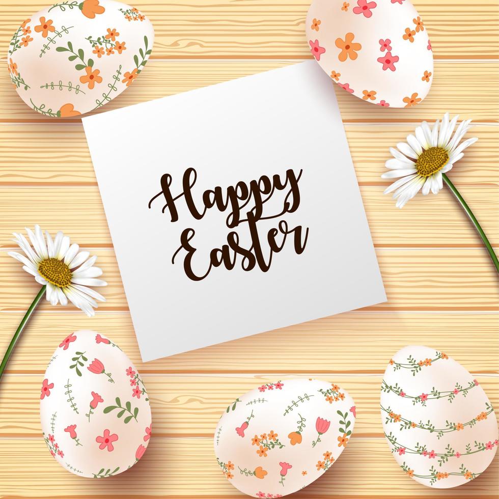 Vector illustration of Easter Card with realistic eggs and daisy flower on wood texture background