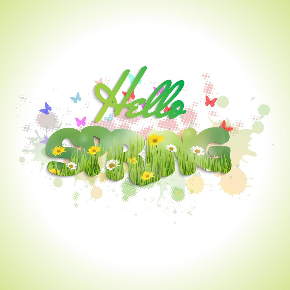 Vector illustration of Spring text with flowers and butterflies