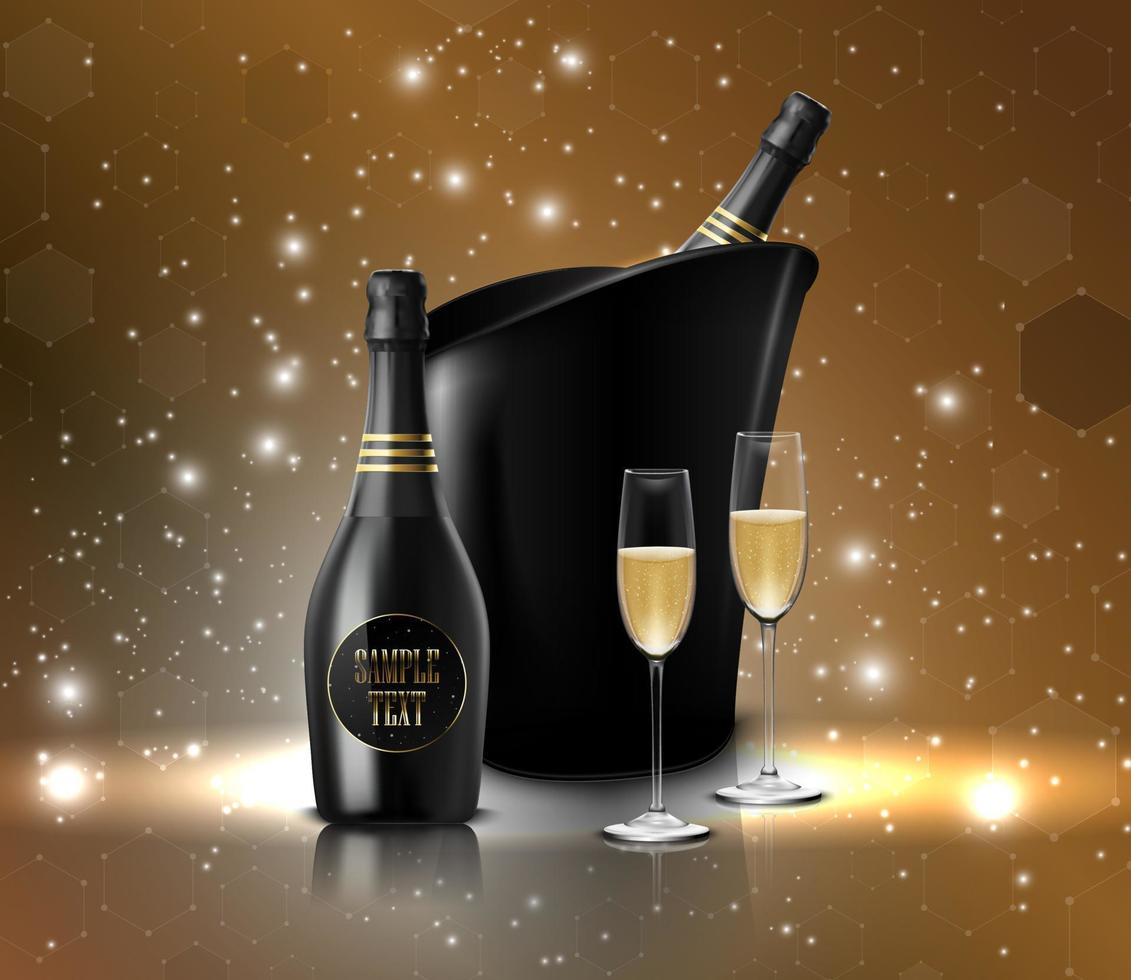 ilustración vectorial de copa de vino con botellas de vino negro de champán en un balde vector