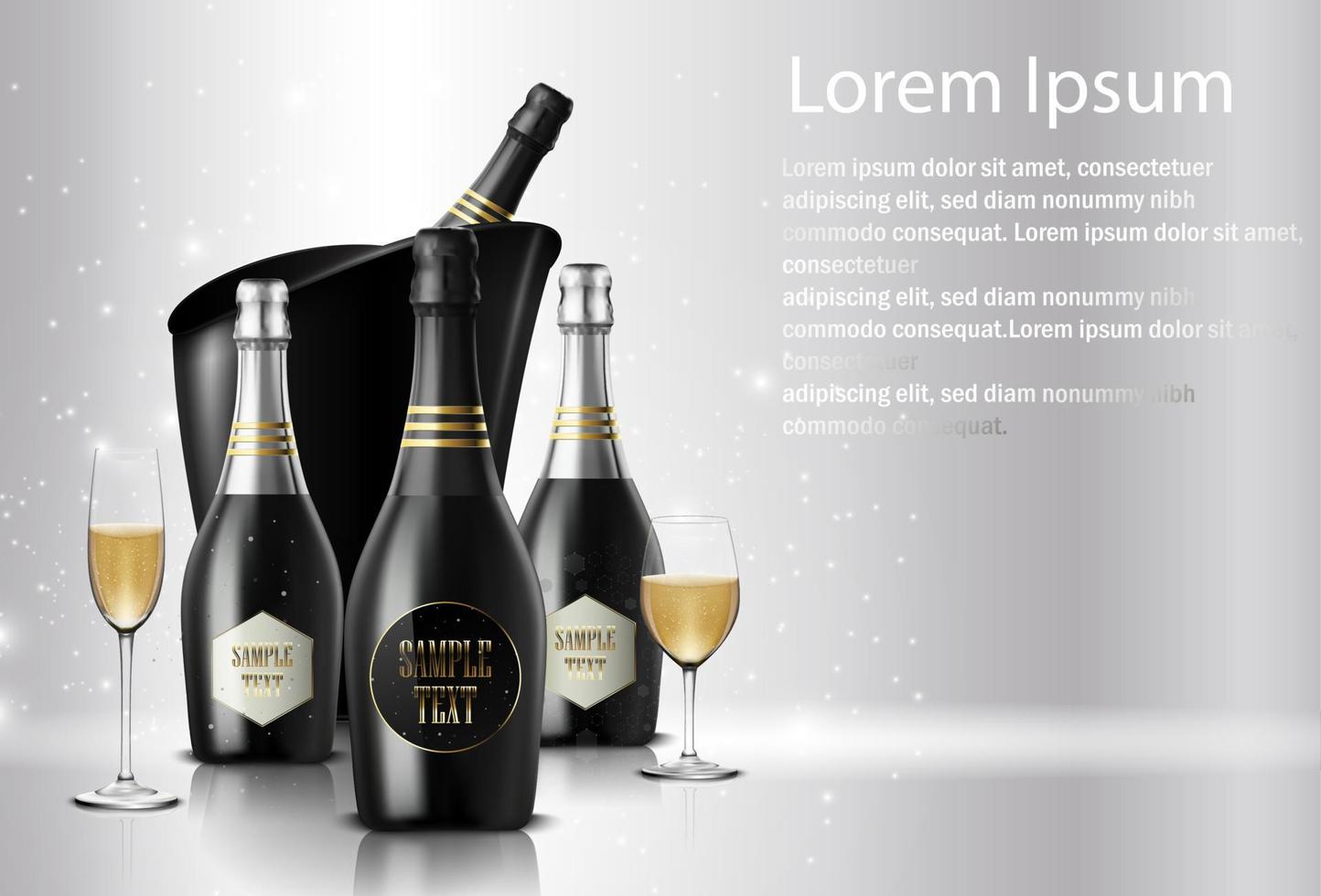 Vector illustration of  Wineglass with a bottle of champagne in a bucket on sparkling background