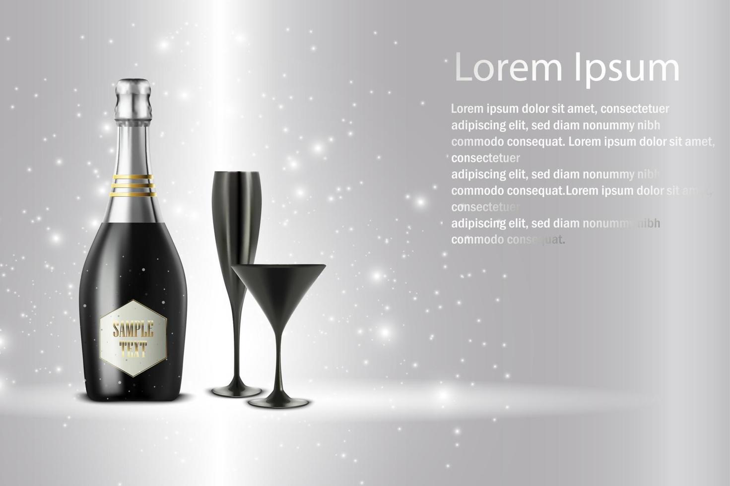 Black wine bottle with black wine glass on sparkling background vector