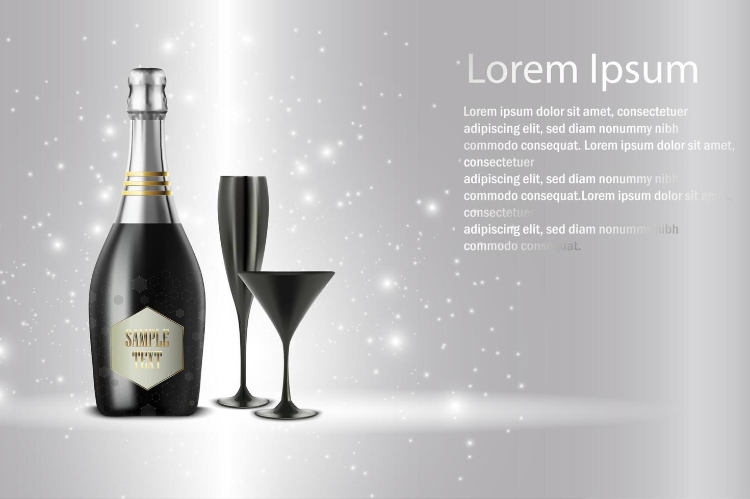 Black wine bottle with black wine glass on sparkling background vector