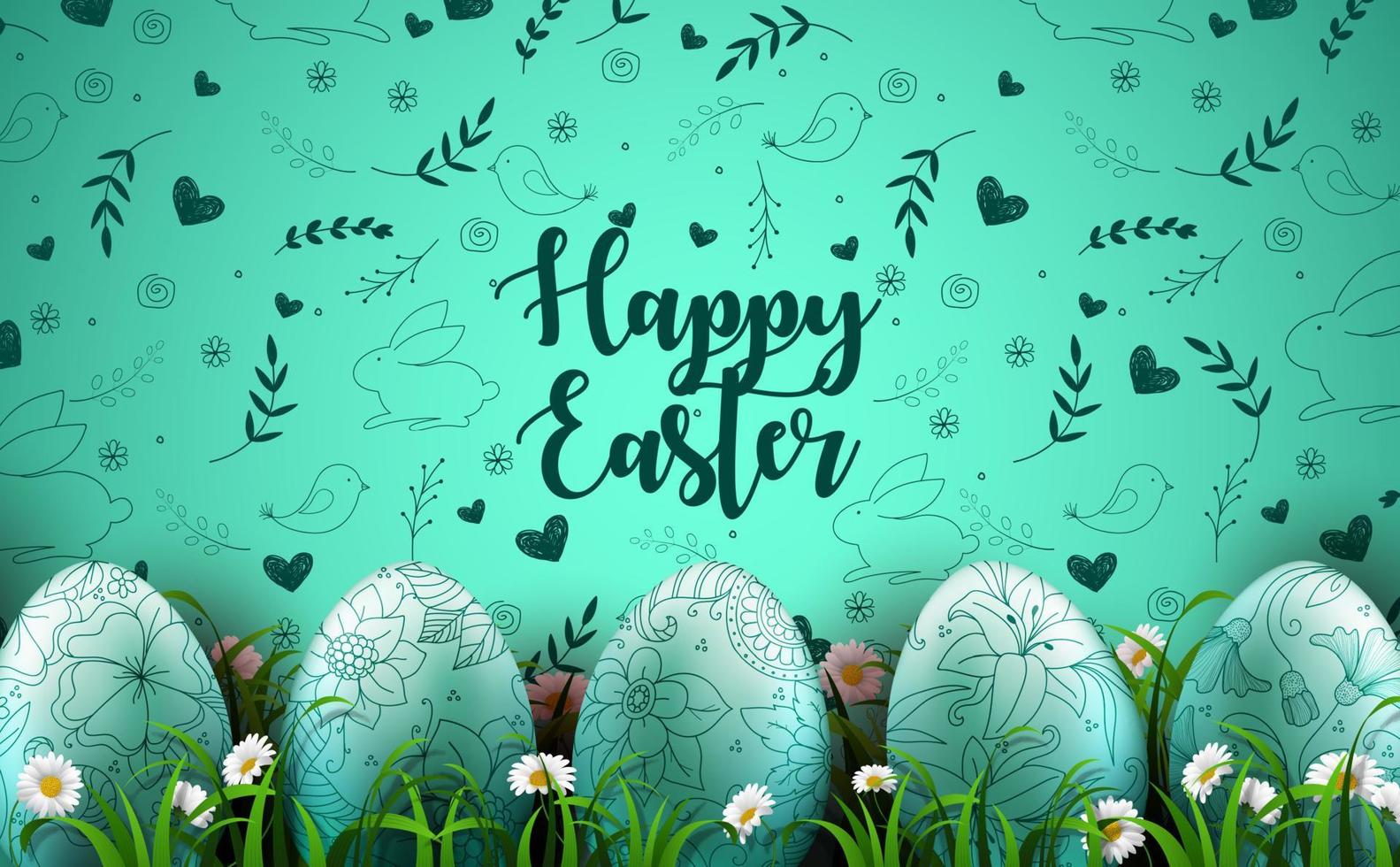 Happy Easter background with realistic eggs and daisy flowers in the grass vector