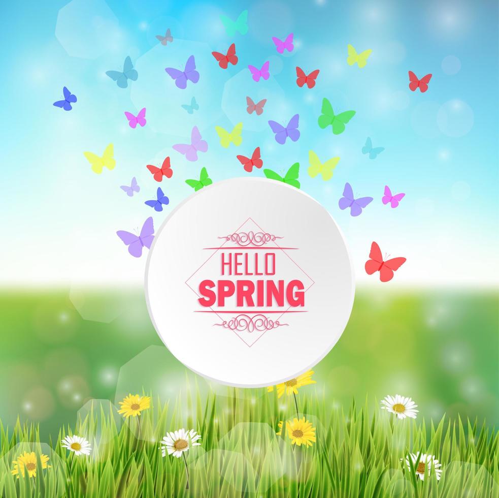 Spring background with round frame and butterflies vector