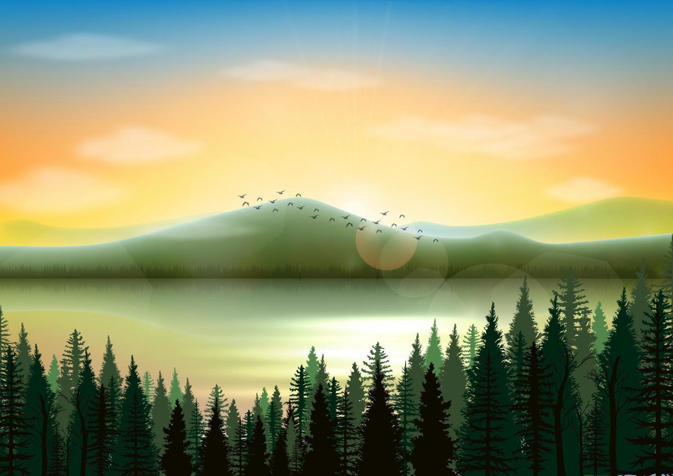 vector illustration of Mountain landscape background with lake and fir tree