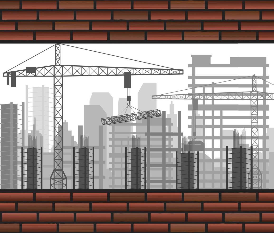 grúa de construcción edificio entre dos paredes de ladrillo vector