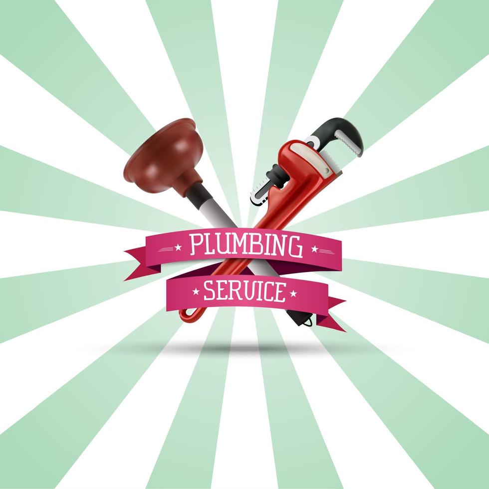 Pipe wrench and plunger on sunburst background vector