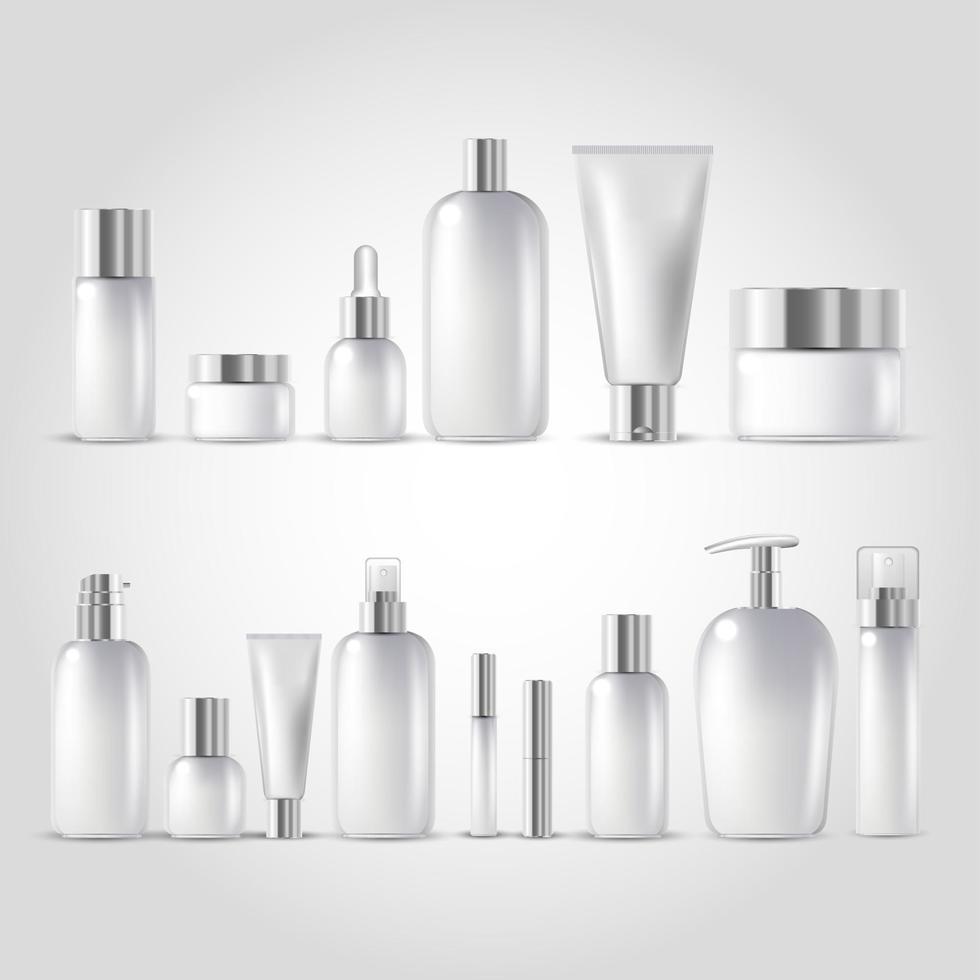 Cosmetic bottle mock up set isolated packages on white background vector