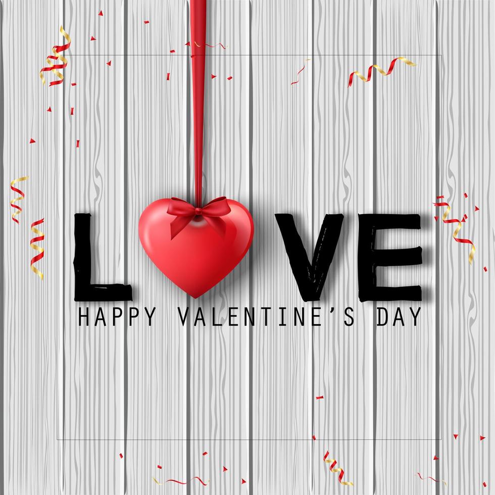 Vector illustration of Happy Valentine's Day background with hanged hearts and bows isolated on wooden texture