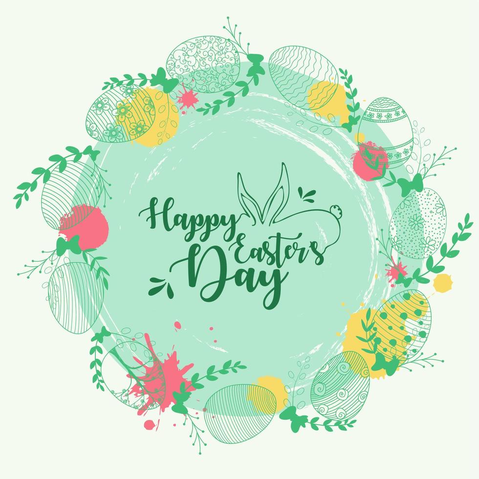 Vector illustration of Easter wreath with easter eggs hand drawn green on green background