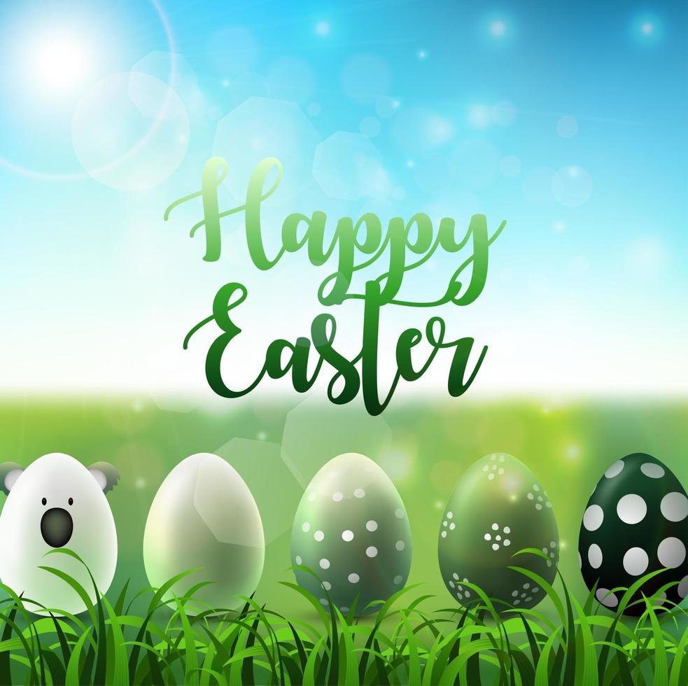 Vector illustration of Easter background with easter eggs in the grass on sunny sky background